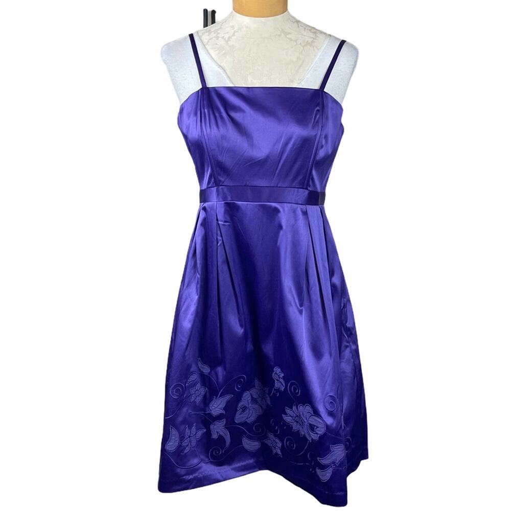 Lucy Paris Fit & Flare Satin Dress Purple Floral Embroidery L